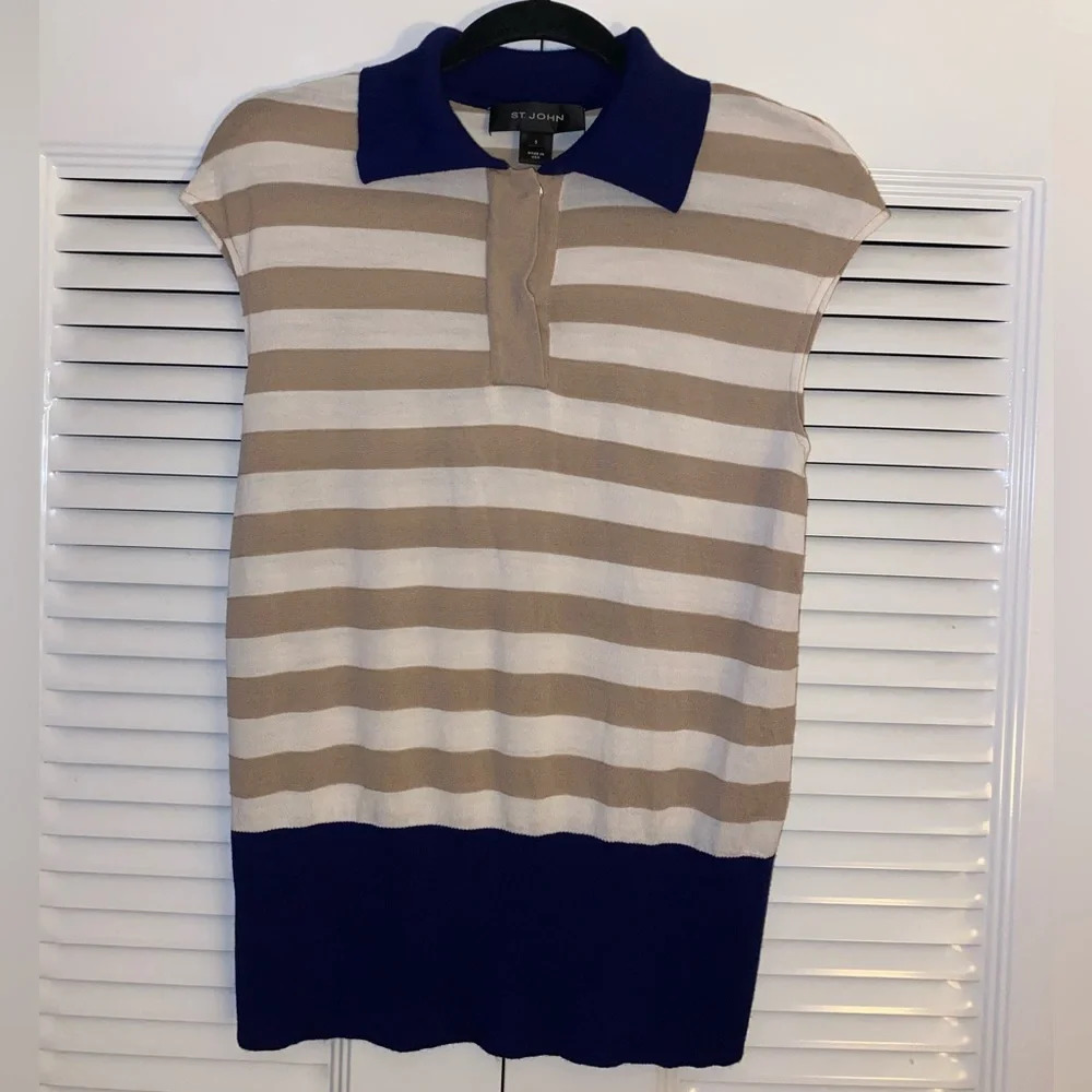 St. John Striped Polo Knit Top in Beige, White & Navy